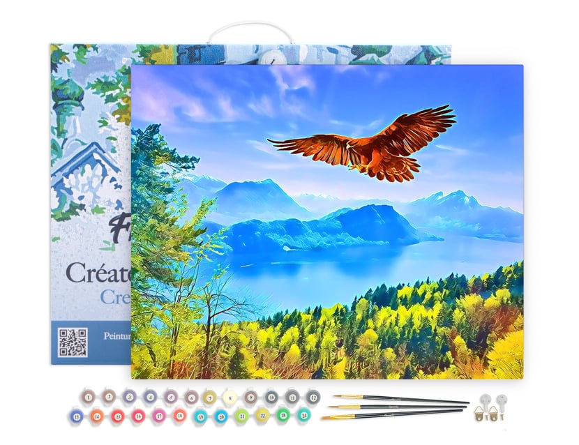 Peinture par Numéro Figured'Art avec Cadre - Aigle et Paysage de Suisse - Kit de Loisir Créatif DIY Numéro d'Art - 40x50cm toile tendue sur châssis
