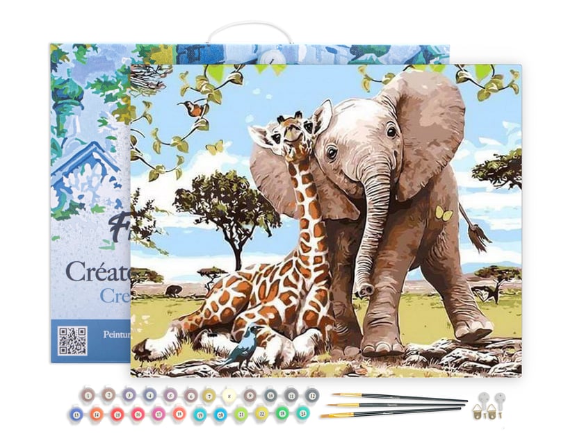 Peinture par Numéro Figured'Art avec Cadre - Amis Eléphant & Girafe - Kit de Loisir Créatif DIY Numéro d'Art - 40x50cm toile tendue sur châssis
