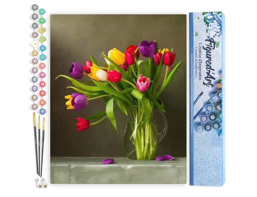Peinture par Numéro Figured'Art - Tulipes multicolores - Kit de Loisir Créatif DIY Numéro d'Art Complet - 40x50cm sans châssis en bois