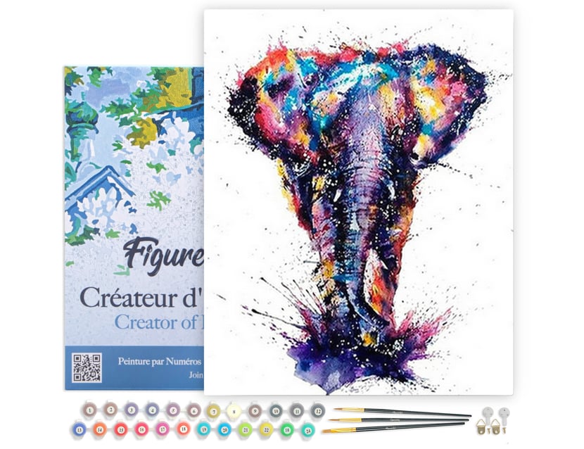 Peinture par Numéro Figured'Art avec Cadre - Eléphant d'Asie en peinture - Kit de Loisir Créatif DIY Numéro d'Art - 40x50cm toile tendue sur châssis