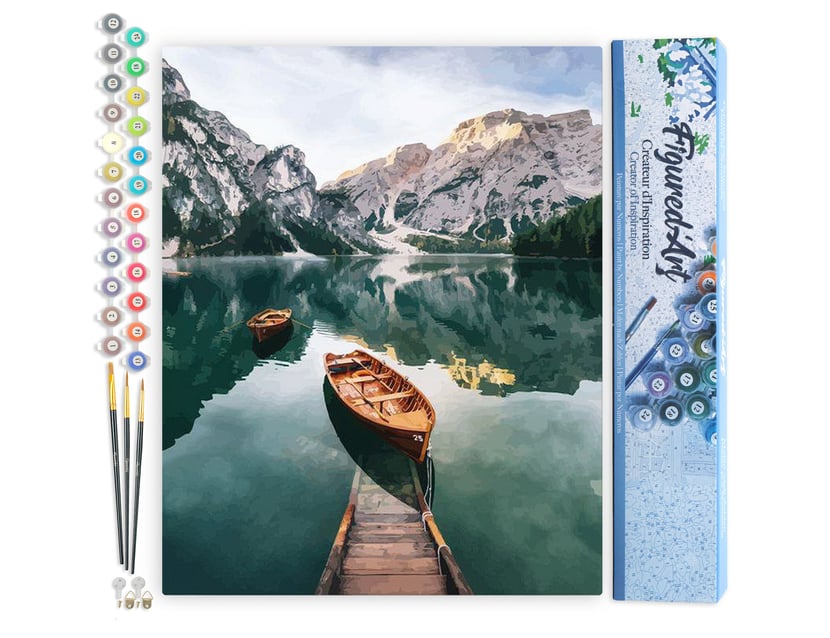 Peinture par Numéro Figured'Art - Barque et lac de montagne - Kit de Loisir Créatif DIY Numéro d'Art Complet - 40x50cm sans châssis en bois