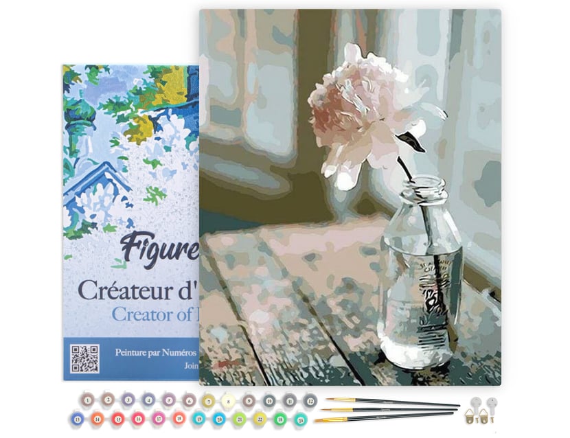 Peinture par Numéro Figured'Art avec Cadre - Fleur Blanche - Kit de Loisir Créatif DIY Numéro d'Art Complet - 40x50cm toile tendue sur châssis