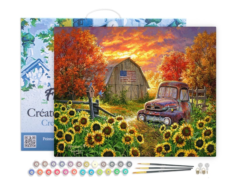 Peinture par Numéro Figured'Art avec Cadre - Tournesols devant la grange - Kit de Loisir Créatif DIY Numéro d'Art - 40x50cm toile tendue sur châssis