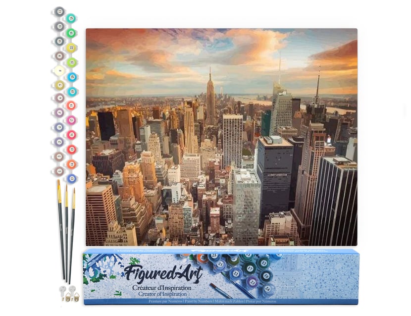 Peinture par Numéro Figured'Art - Coucher de soleil sur New York - Kit de Loisir Créatif DIY Numéro d'Art Complet - 40x50cm sans châssis en bois