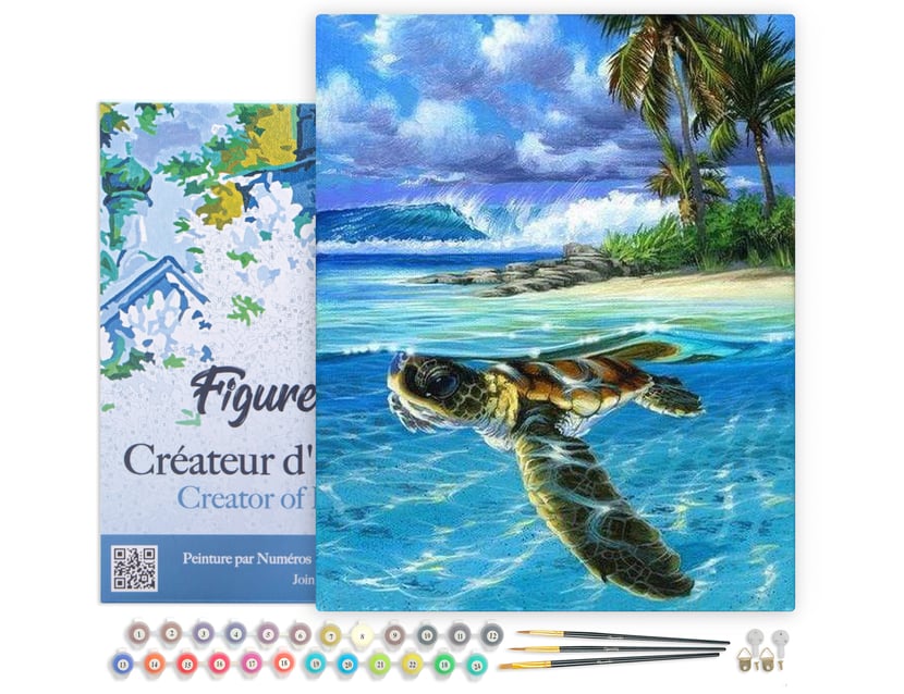 Peinture par Numéro Figured'Art avec Cadre - Tortue détendue - Kit de Loisir Créatif DIY Numéro d'Art Complet - 40x50cm toile tendue sur châssis