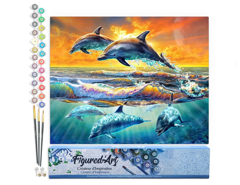 Peinture par Numéro Figured'Art - Aube de Dauphins - Kit de Loisir Créatif DIY Numéro d'Art Complet - 40x50cm sans châssis en bois