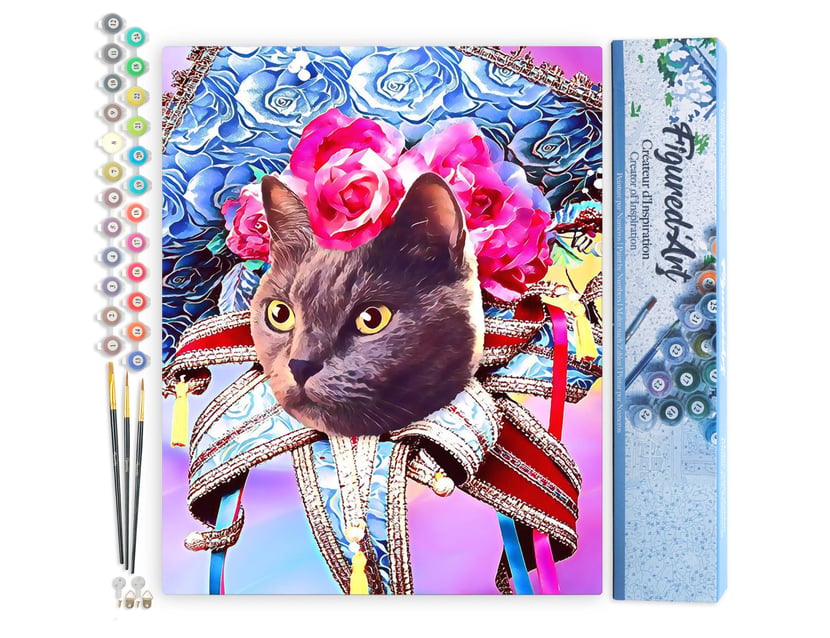 Peinture par Numéro Figured'Art - Chat Mardigras - Kit de Loisir Créatif DIY Numéro d'Art Complet - 40x50cm sans châssis en bois