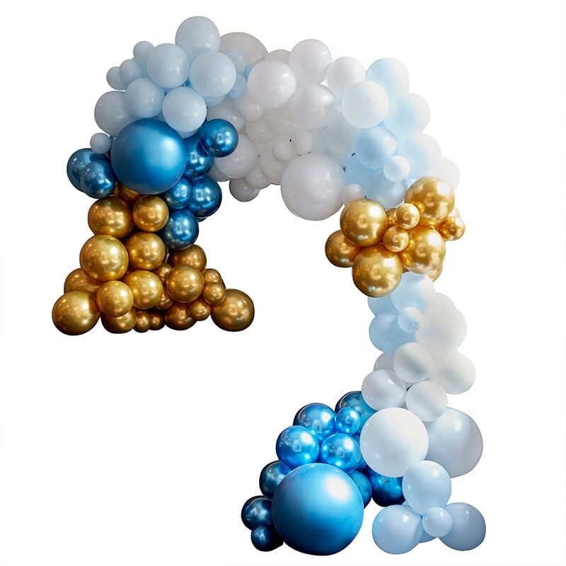 Kit Arche Luxe de 200 Ballons - Bleu Blanc et Or métallique