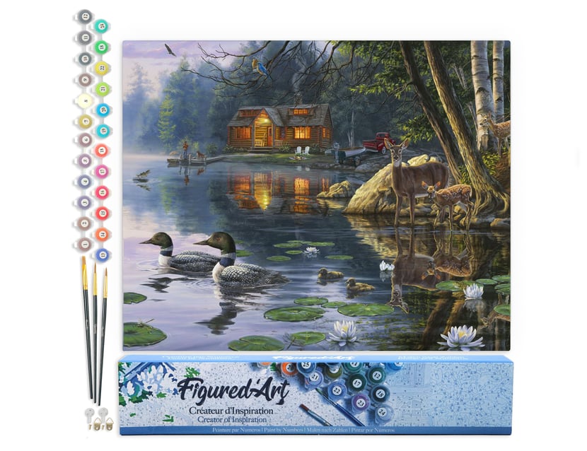 Peinture par Numéro Figured'Art - Chalet au bord du lac - Kit de Loisir Créatif DIY Numéro d'Art Complet - 40x50cm sans châssis en bois