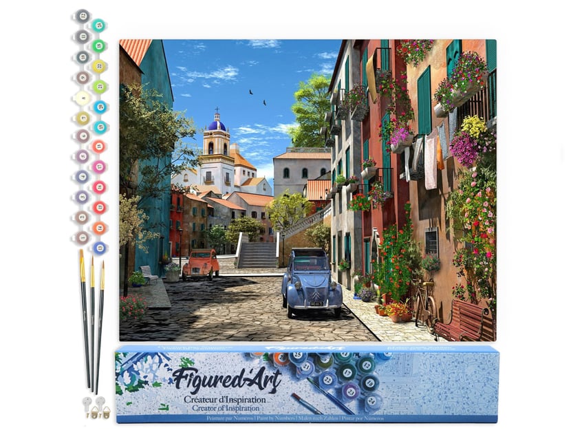 Peinture par Numéro Figured'Art - Ruelle et 2 CV - Kit de Loisir Créatif DIY Numéro d'Art Complet - 40x50cm sans châssis en bois