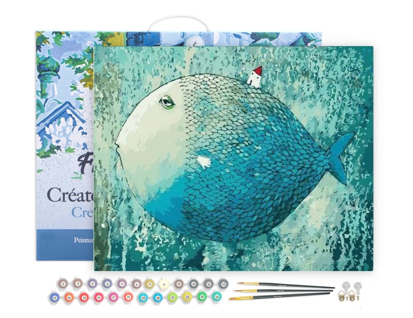 Peinture par Numéro Figured'Art avec Cadre - Poisson Artistique - Kit de Loisir Créatif DIY Numéro d'Art Complet - 40x50cm toile tendue sur châssis