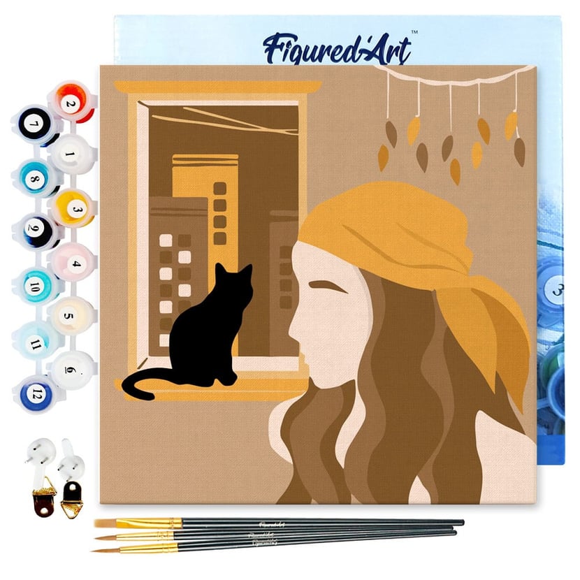 Mini Peinture par Numéro Figured'Art 20x20cm avec cadre Femme et son Chat à la Fenêtre - Petit Format