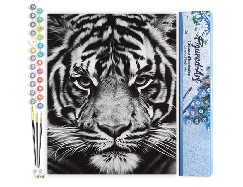 Peinture par Numéro Figured'Art - Tête de Tigre en noir et blanc - Kit de Loisir Créatif DIY Numéro d'Art Complet - 40x50cm sans châssis en bois
