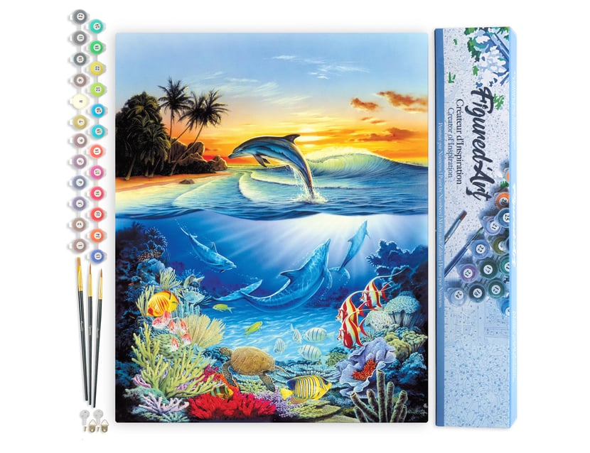 Peinture par Numéro Figured'Art - Dauphins dans le lagon - Kit de Loisir Créatif DIY Numéro d'Art Complet - 40x50cm sans châssis en bois