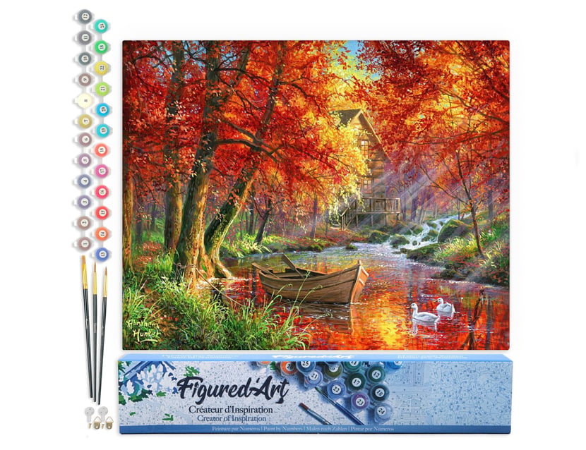 Peinture par Numéro Figured'Art - Rivière d'automne et barque - Kit de Loisir Créatif DIY Numéro d'Art Complet - 40x50cm sans châssis en bois