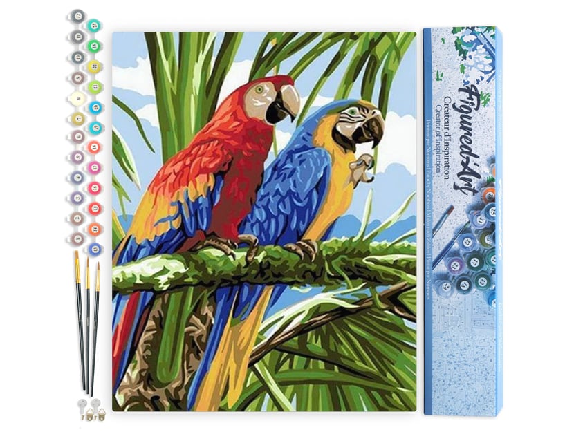 Peinture par Numéro Figured'Art - Perroquets sous les tropiques - Kit de Loisir Créatif DIY Numéro d'Art Complet - 40x50cm sans châssis en bois