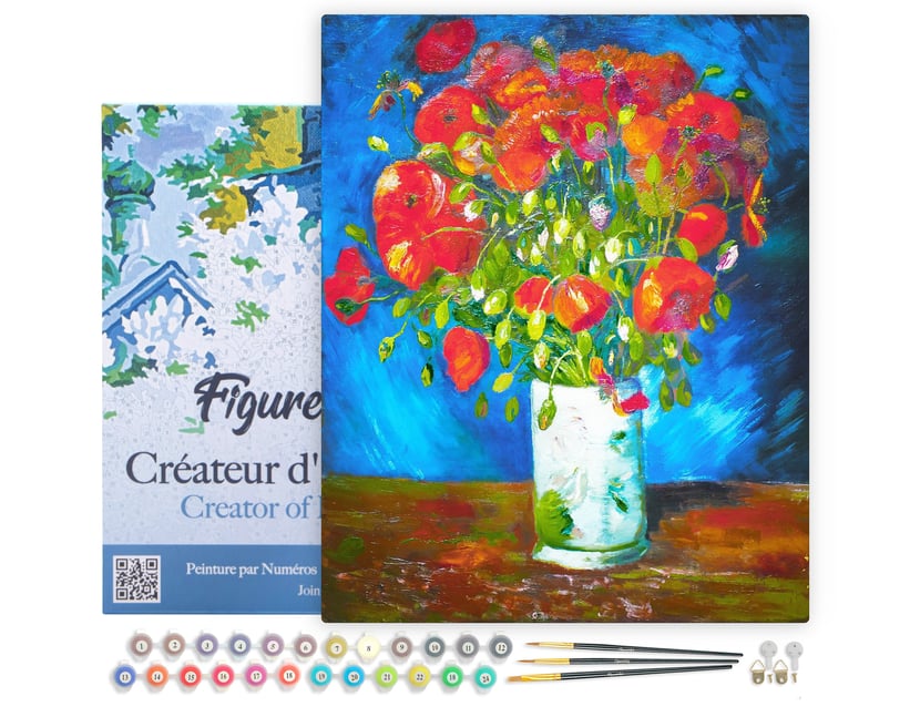 Peinture par Numéro Figured'Art avec Cadre - Vase avec Coquelicots - Van Gogh - Kit de Loisir Créatif Numéro d'Art - 40x50cm toile tendue sur châssis