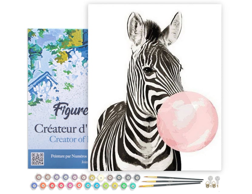 Peinture par Numéro Figured'Art avec Cadre - Zèbre et Chewing gum - Kit de Loisir Créatif DIY Numéro d'Art - 40x50cm toile tendue sur châssis
