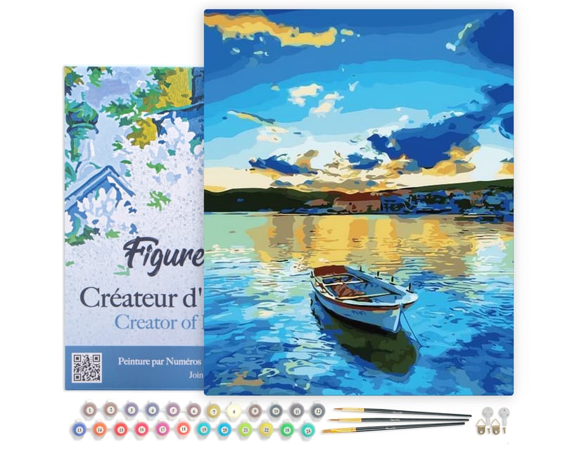 Peinture par Numéro Figured'Art avec Cadre - Barque et Lever de Soleil - Kit de Loisir Créatif DIY Numéro d'Art - 40x50cm toile tendue sur châssis