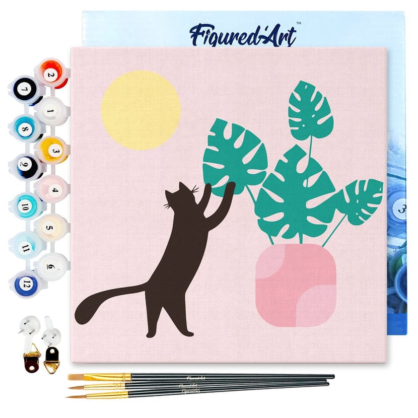 Mini Peinture par Numéro Figured'Art 20x20cm avec cadre Chaton et plante au Soleil - Petit Format