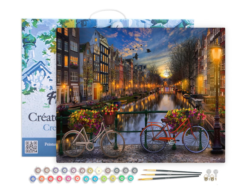 Peinture par Numéro Figured'Art avec Cadre - Canal Amsterdam - Kit de Loisir Créatif DIY Numéro d'Art Complet - 40x50cm toile tendue sur châssis