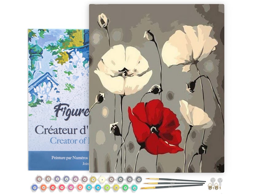 Peinture par Numéro Figured'Art avec Cadre - Fleurs rouge et blanches - Kit de Loisir Créatif DIY Numéro d'Art - 40x50cm toile tendue sur châssis