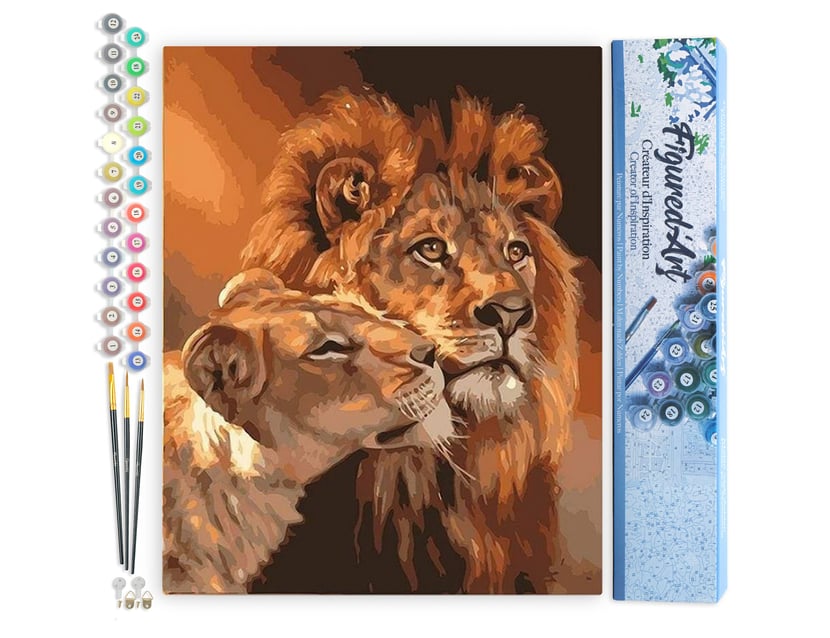 Peinture par Numéro Figured'Art - Couple Lion et Lionne - Kit de Loisir Créatif DIY Numéro d'Art Complet - 40x50cm sans châssis en bois