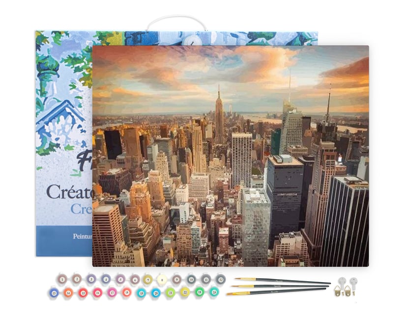Peinture par Numéro Figured'Art avec Cadre - Coucher de soleil sur New York - Kit de Loisir Créatif Numéro d'Art - 40x50cm toile tendue sur châssis
