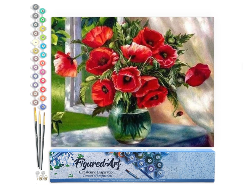 Peinture par Numéro Figured'Art - Bouquet de Fleurs Rouge - Kit de Loisir Créatif DIY Numéro d'Art Complet - 40x50cm sans châssis en bois