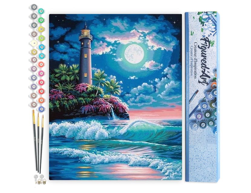 Peinture par Numéro Figured'Art - Phare sous la pleine Lune - Kit de Loisir Créatif DIY Numéro d'Art Complet - 40x50cm sans châssis en bois