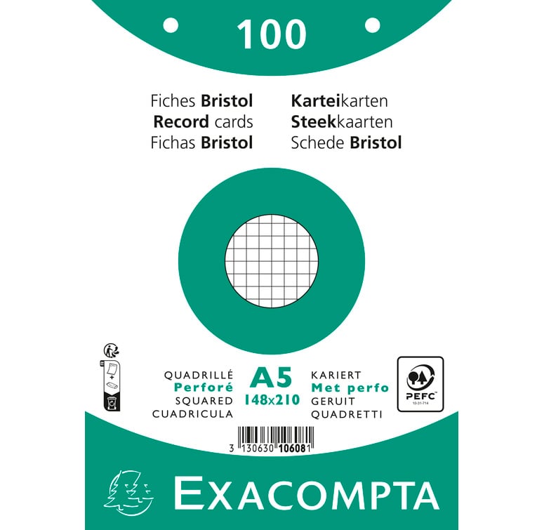 Paquet 100 fiches sous film - bristol quadrillé 5x5 perforé