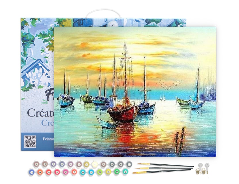 Peinture par Numéro Figured'Art avec Cadre - Voiliers au port - Kit de Loisir Créatif DIY Numéro d'Art Complet - 40x50cm toile tendue sur châssis