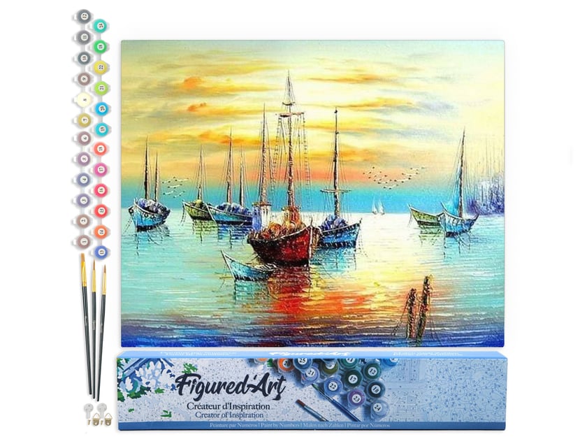 Peinture par Numéro Figured'Art - Voiliers au port - Kit de Loisir Créatif DIY Numéro d'Art Complet - 40x50cm sans châssis en bois