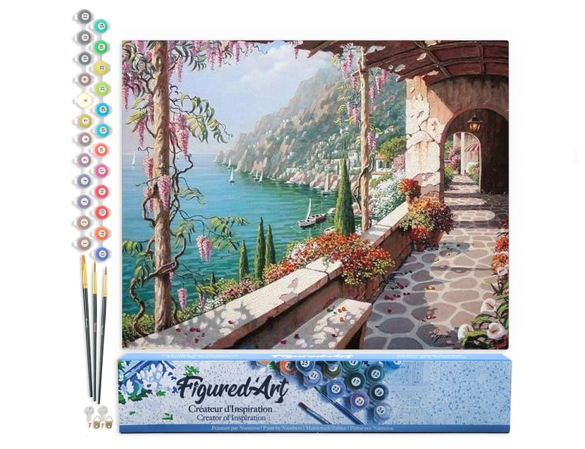 Peinture par Numéro Figured'Art - Vue Mer depuis le Patio - Kit de Loisir Créatif DIY Numéro d'Art Complet - 40x50cm sans châssis en bois