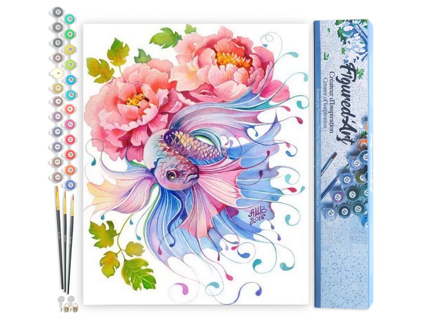Peinture par Numéro Figured'Art - Fleurs et Poisson entrelacés - Kit de Loisir Créatif DIY Numéro d'Art Complet - 40x50cm sans châssis en bois