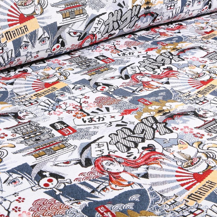 Tissu Jacquard Manga bleu rouge sur fond Blanc- Tissus à la coupe