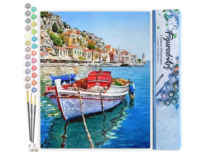 Peinture par Numéro Figured'Art - Barque Amarrée au Port - Kit de Loisir Créatif DIY Numéro d'Art Complet - 40x50cm sans châssis en bois