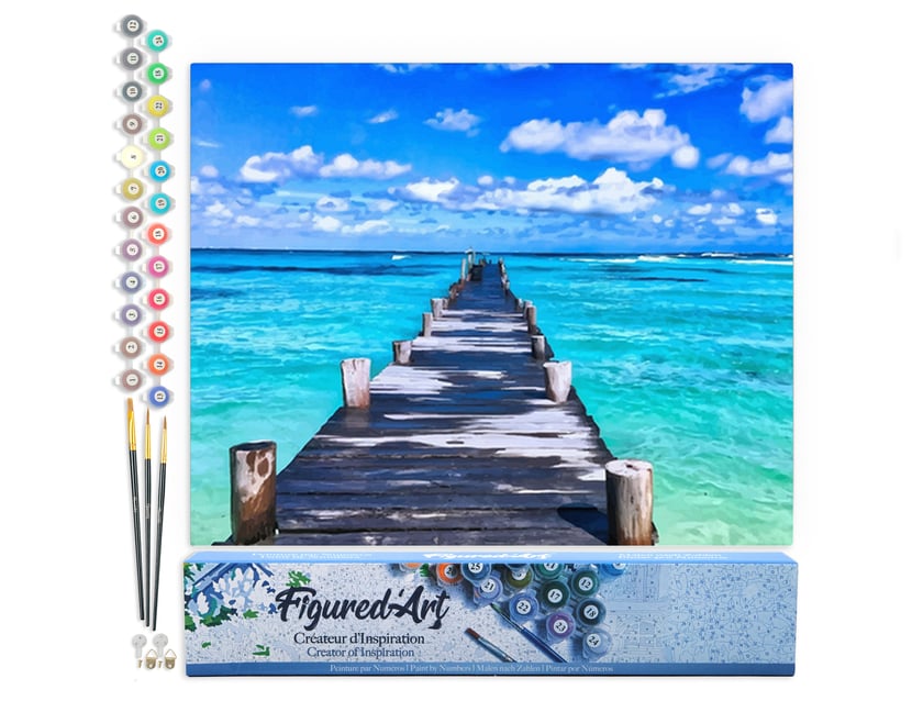 Peinture par Numéro Figured'Art - Ponton sur mer paradisiaque - Kit de Loisir Créatif DIY Numéro d'Art Complet - 40x50cm sans châssis en bois