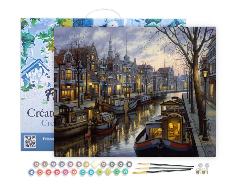 Peinture par Numéro Figured'Art avec Cadre - Vie sur le canal - Kit de Loisir Créatif DIY Numéro d'Art Complet - 40x50cm toile tendue sur châssis