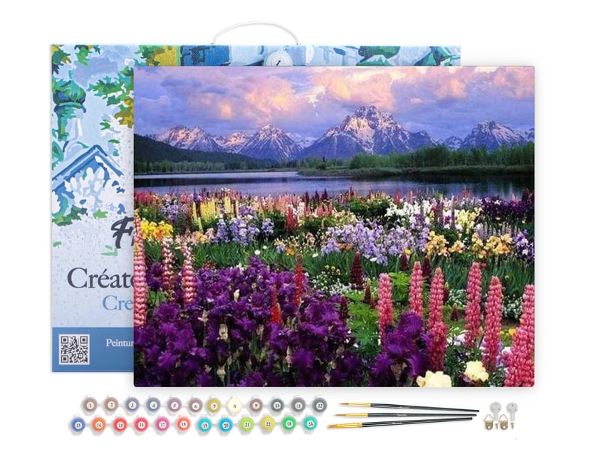 Peinture par Numéro Figured'Art avec Cadre - Fleurs et Lac au pied de la Montagne - Loisir Créatif Numéro d'Art - 40x50cm toile tendue sur châssis
