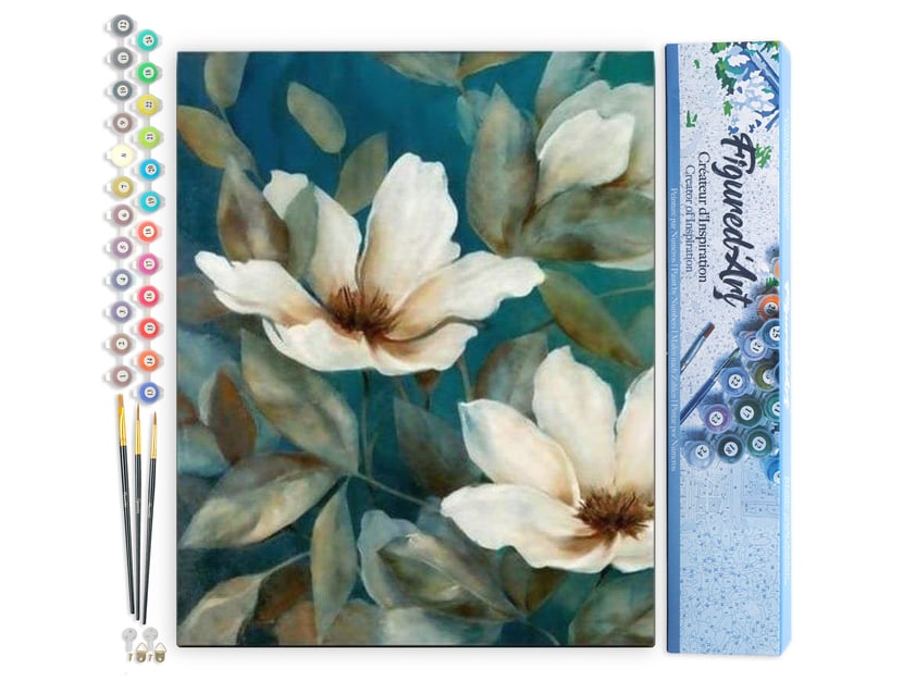 Peinture par Numéro Figured'Art - Déclinaison de fleurs blanches - Kit de Loisir Créatif DIY Numéro d'Art Complet - 40x50cm sans châssis en bois