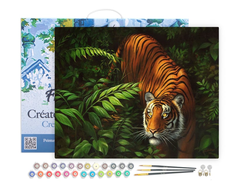 Peinture par Numéro Figured'Art avec Cadre - Tigre dans les fougères - Kit de Loisir Créatif DIY Numéro d'Art - 40x50cm toile tendue sur châssis