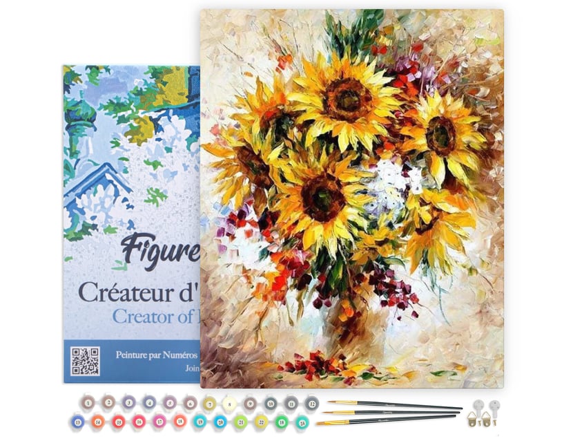 Peinture par Numéro Figured'Art avec Cadre - Jolis Tournesols - Kit de Loisir Créatif DIY Numéro d'Art Complet - 40x50cm toile tendue sur châssis