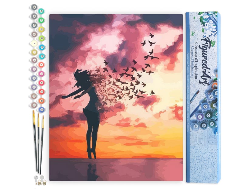 Peinture par Numéro Figured'Art - Femme et oiseaux au lever du jour - Kit de Loisir Créatif DIY Numéro d'Art Complet - 40x50cm sans châssis en bois