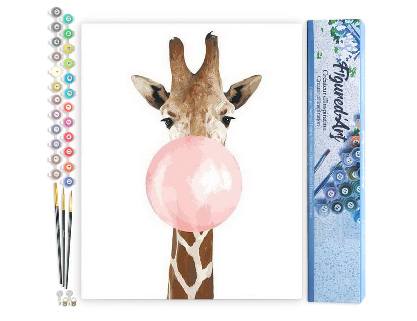 Peinture par Numéro Figured'Art - Girafe et Chewing gum - Kit de Loisir Créatif DIY Numéro d'Art Complet - 40x50cm sans châssis en bois
