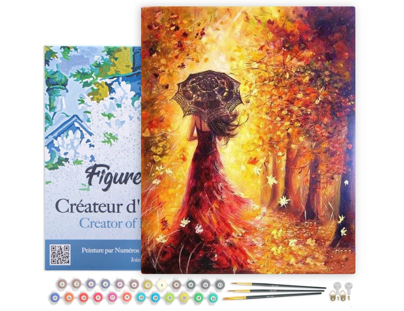 Peinture par Numéro Figured'Art avec Cadre - Forêt d'Automne et Femme au Parapluie - Loisir Créatif Numéro d'Art - 40x50cm toile tendue sur châssis