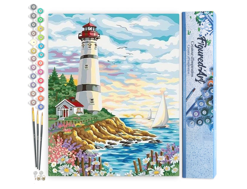 Peinture par Numéro Figured'Art - Phare sous un Ciel nuageux - Kit de Loisir Créatif DIY Numéro d'Art Complet - 40x50cm sans châssis en bois