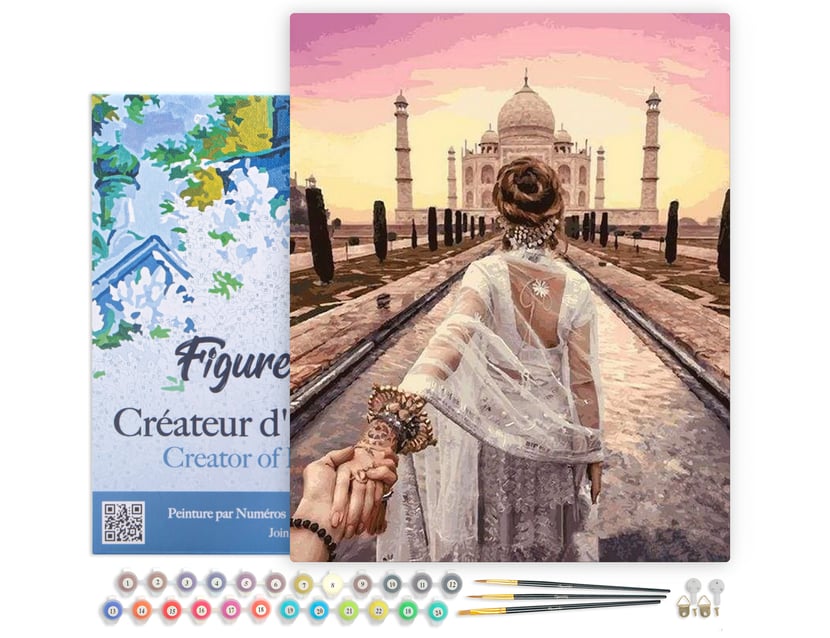 Peinture par Numéro Figured'Art avec Cadre - Balade Romantique Taj Mahal - Kit de Loisir Créatif DIY Numéro d'Art - 40x50cm toile tendue sur châssis