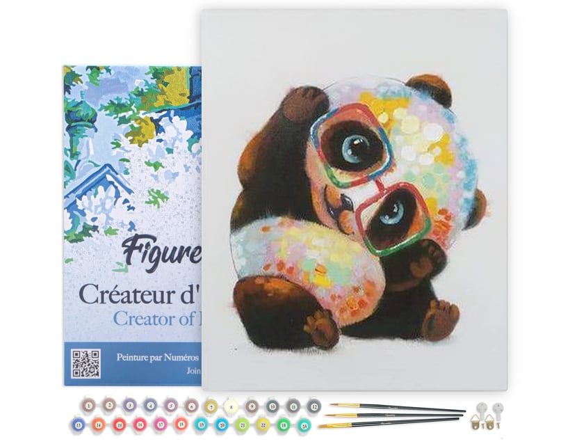 Peinture par Numéro Figured'Art avec Cadre - Panda et Lunettes - Kit de Loisir Créatif DIY Numéro d'Art Complet - 40x50cm toile tendue sur châssis