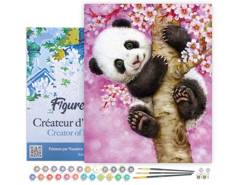 Peinture par Numéro Figured'Art avec Cadre - Bébé Panda - Kit de Loisir Créatif DIY Numéro d'Art Complet - 40x50cm toile tendue sur châssis